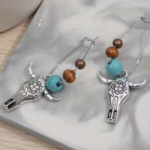 Earrings Bull Head Western Texas Inspired Turquoise and Wood Beads Bohemian
